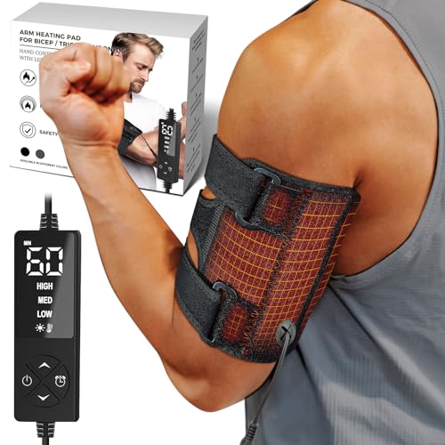 Upper Arm Heating Pad for Bicep Tendonitis Pain Relief, Heated Arm Wrap for Biceps & Triceps Muscle Strains, Adjustable Bicep Brace with 3 Heat & 5 Timers Settings for Men/Women (S/M) - Sticro