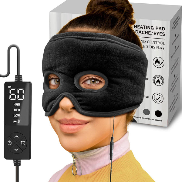 sticro Sinus Relief Mask Moist Heat with 3 Temp Settings, Ex-Large Headache Mask Electric Face Heating Pad for Sinus Pressure Relief, Migraine, Tension Headache Relief Black - Sticro